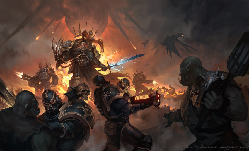 abbadon_the_dispoiler absurdres adeptus_astartes armor artist_name artstation_username black_armor black_legion bolter breastplate chaos_(warhammer) chaos_space_marine clawed_gauntlets demon energy energy_gun energy_sword explosion fire flying full_armor gauntlets glowing gold_armor gold_trim heavy_bolter helmet heresy high_ponytail highres holding holding_mace holding_sword holding_weapon long_hair mace meteor meteor_shower multiple_boys orc ork_(warhammer) ornate ornate_armor pauldrons pelt plasma_rifle ponytail power_armor red_eyes red_hair shoulder_armor skull skull_ornament solo_focus storm_bolter sundowning sword terminator_armor tusks warhammer_40k watermark weapon web_address