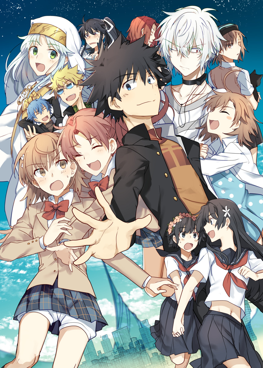 5boys 6+girls :d absurdres accelerator_(toaru_majutsu_no_index) ahoge aogami_pierce bespectacled black_cat black_choker black_eyes black_hair black_jacket blazer blue_eyes blue_hair blush blush_stickers bow bowtie brown_eyes brown_hair building cat child choker cigarette cityscape closed_eyes closed_mouth cloud cloudy_sky collarbone commentary_request dress flower glasses green_eyes habit hair_between_eyes hair_flower hair_ornament hair_ribbon happy head_wreath highres holding_hands imminent_hug index_(toaru_majutsu_no_index) jacket kamijou_touma kanzaki_kaori last_order_(toaru_majutsu_no_index) long_hair long_skirt long_sleeves looking_at_another looking_at_viewer looking_back midriff_peek miniskirt misaka_imouto misaka_imouto_10032 misaka_imouto_10032&#039;s_cat misaka_mikoto multiple_boys multiple_girls nikame nun one_eye_closed open_clothes open_jacket open_mouth orange_shirt outstretched_arm outstretched_hand plaid_clothes plaid_skirt pleated_skirt polka_dot polka_dot_dress ponytail red_bow red_eyes red_hair red_neckwear ribbon safety_pin sakugawa_school_uniform saten_ruiko school_uniform serafuku shirai_kuroko shirt short_hair short_shorts short_sleeves shorts shorts_under_skirt siblings sisters skirt sky skyscraper smile space_elevator spiked_hair stiyl_magnus striped_clothes striped_shirt sunglasses sweater_vest t-shirt toaru_kagaku_no_railgun toaru_majutsu_no_index tokiwadai_school_uniform tsuchimikado_motoharu uiharu_kazari white_hair white_jacket white_ribbon white_shorts