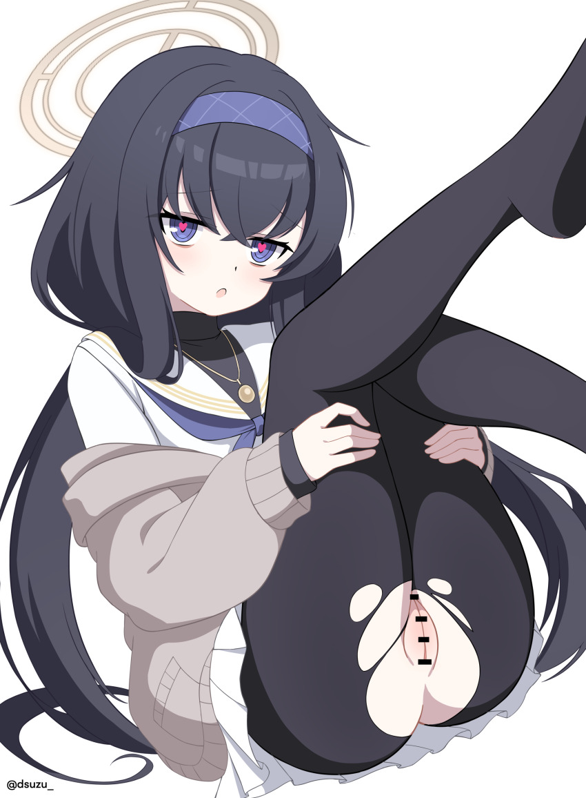 1girl :o absurdres bar_censor black_hair black_pantyhose blue_archive blue_eyes blue_hairband blue_neckerchief brown_cardigan cardigan censored cleft_of_venus commentary_request crossed_bangs dsuzu feet_out_of_frame hair_over_shoulder hairband halo hands_on_own_thighs heart heart-shaped_pupils highres jewelry jitome legs_up long_hair long_sleeves looking_at_viewer low_twintails miniskirt mons_pubis neckerchief necklace no_panties no_shoes open_cardigan open_clothes pantyhose parted_lips pendant pink_pupils pleated_skirt presenting_pussy pussy raised_inner_eyebrows sailor_collar school_uniform serafuku shirt simple_background sitting skirt solo symbol-shaped_pupils torn_clothes torn_pantyhose turtleneck twintails ui_(blue_archive) very_long_hair white_background white_sailor_collar white_shirt white_skirt yellow_halo