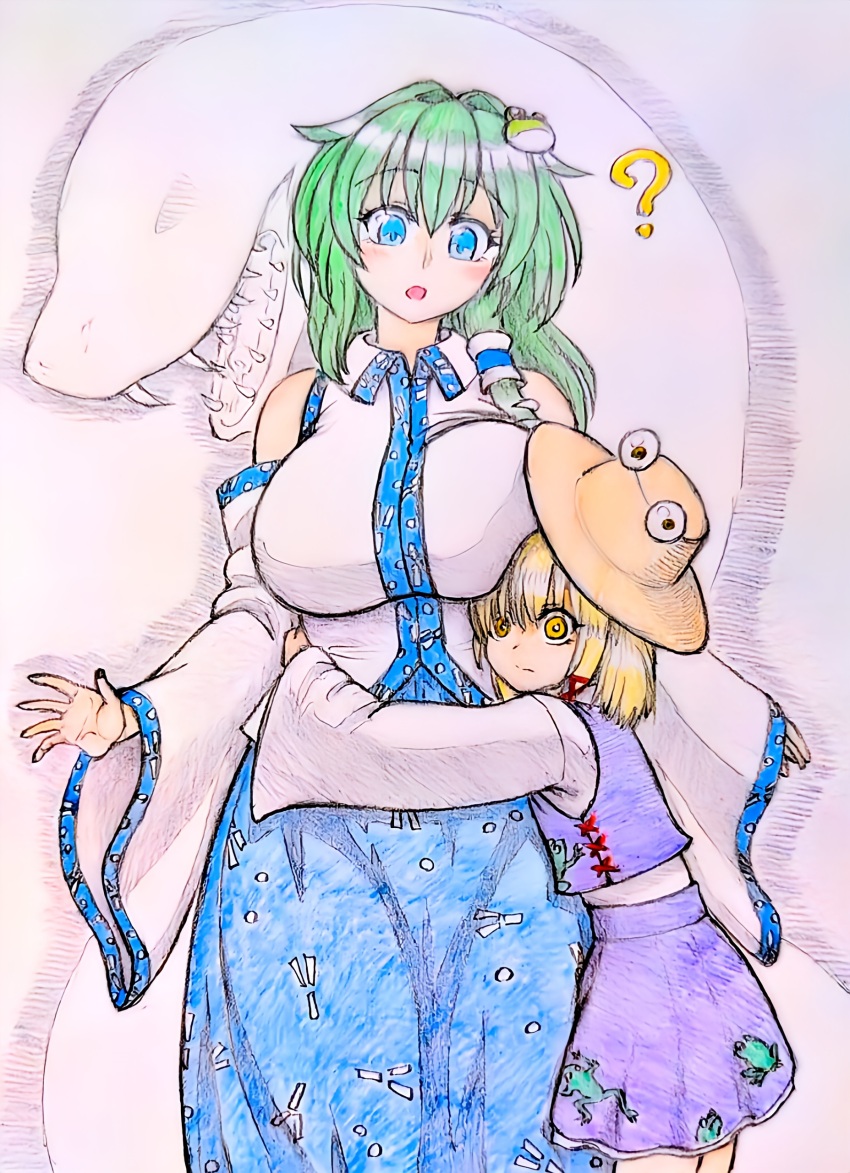 2girls ? absurdres animal_print bare_shoulders blonde_hair blue_eyes blue_skirt blush_stickers breast_press breasts brown_hat closed_mouth collared_shirt detached_sleeves dot_nose frog_hair_ornament frog_print green_hair hair_ornament hair_ribbon hair_tubes hat highres hug huge_breasts kochiya_sanae large_breasts long_hair long_sleeves looking_at_another looking_at_viewer medium_hair mishaguji moriya_suwako multiple_girls open_mouth p-man-daikaku patterned_clothing print_skirt purple_skirt purple_vest red_ribbon ribbon shirt single_hair_tube single_sidelock skirt skirt_set sleeveless sleeveless_shirt snake snake_hair_ornament touhou upper_body vest white_background white_shirt wide_sleeves wing_collar yellow_eyes