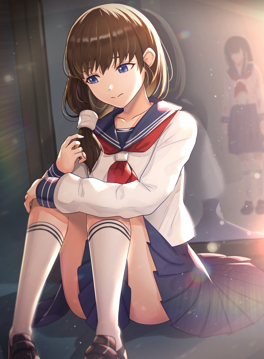 2girls absurdres black_hair black_shoes blouse blue_eyes blue_skirt brown_hair convenient_censoring famicom_tantei_club gonzarez highres knees_up kojima_youko long_hair mirror multiple_girls neckerchief nintendo ponytail red_neckerchief school_uniform serafuku shirt shoes skirt socks solo tachibana_ayumi visual_novel white_shirt white_socks