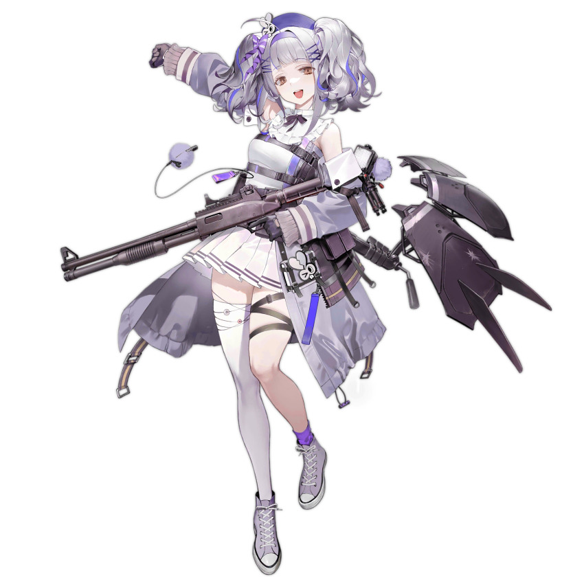 1girl :d ahoge artist_request asymmetrical_legwear belt_pouch black_gloves blue_hair blunt_bangs broken_heart_print buckle check_artist chest_strap collar detached_collar detached_sleeves fn_tps frilled_collar frills full_body girls&#039;_frontline gloves grey_hair gun hair_ornament hairband highres holding holding_gun holding_weapon looking_at_viewer medium_hair multicolored_hair official_art open_mouth outstretched_arm piercing pleated_skirt pouch purple_hairband purple_headwear purple_shoes purple_socks s.joop shield_module shoes shotgun sidelocks simple_background single_sock single_thighhigh skirt smile snap-fit_buckle sneakers socks solo standing standing_on_one_leg strapless thigh_strap thighhighs third-party_source tongue_piercing tps_(girls&#039;_frontline) transparent_background trigger_discipline tripod tube_top twintails waist_cape wavy_hair weapon white_skirt white_thighhighs white_tube_top x_hair_ornament yellow_eyes