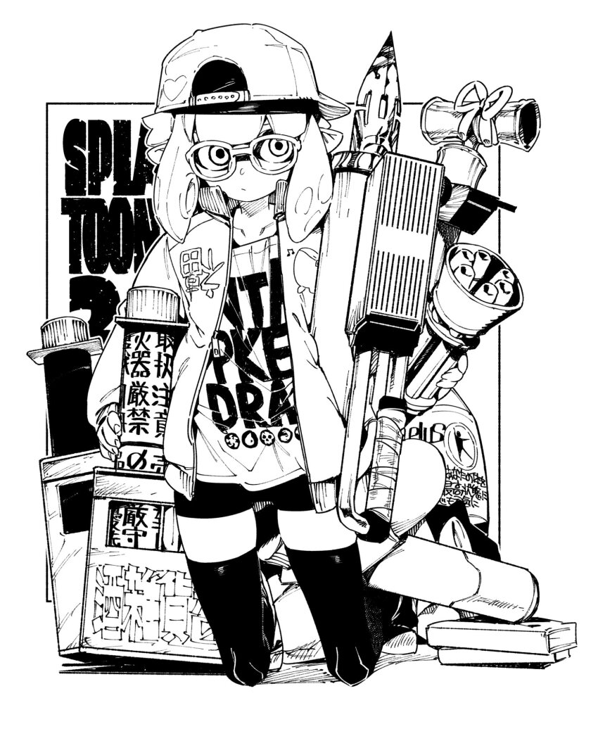 1girl backwards_hat bamboozler_14_(splatoon) baseball_cap chomoran closed_mouth clothes_writing collarbone commentary_request cropped_legs flingza_roller_(splatoon) glasses hat highres holding holding_weapon inkling inkling_girl inkling_player_character jacket long_sleeves medium_hair mini_splatling_(splatoon) monochrome nintendo open_clothes open_jacket pointy_ears shirt shorts solo splatoon_(series) t-shirt tentacle_hair thighhighs weapon