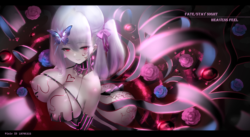 1girl blurry blurry_foreground body_markings bow breasts butterfly_hair_ornament dark_sakura elbow_gloves fate/stay_night fate_(series) female_focus from_above gloves hair_bow hair_ornament heaven&#039;s_feel highres hk_(hk) large_breasts matou_sakura nipples red_eyes revealing_clothes side_ponytail solo white_hair