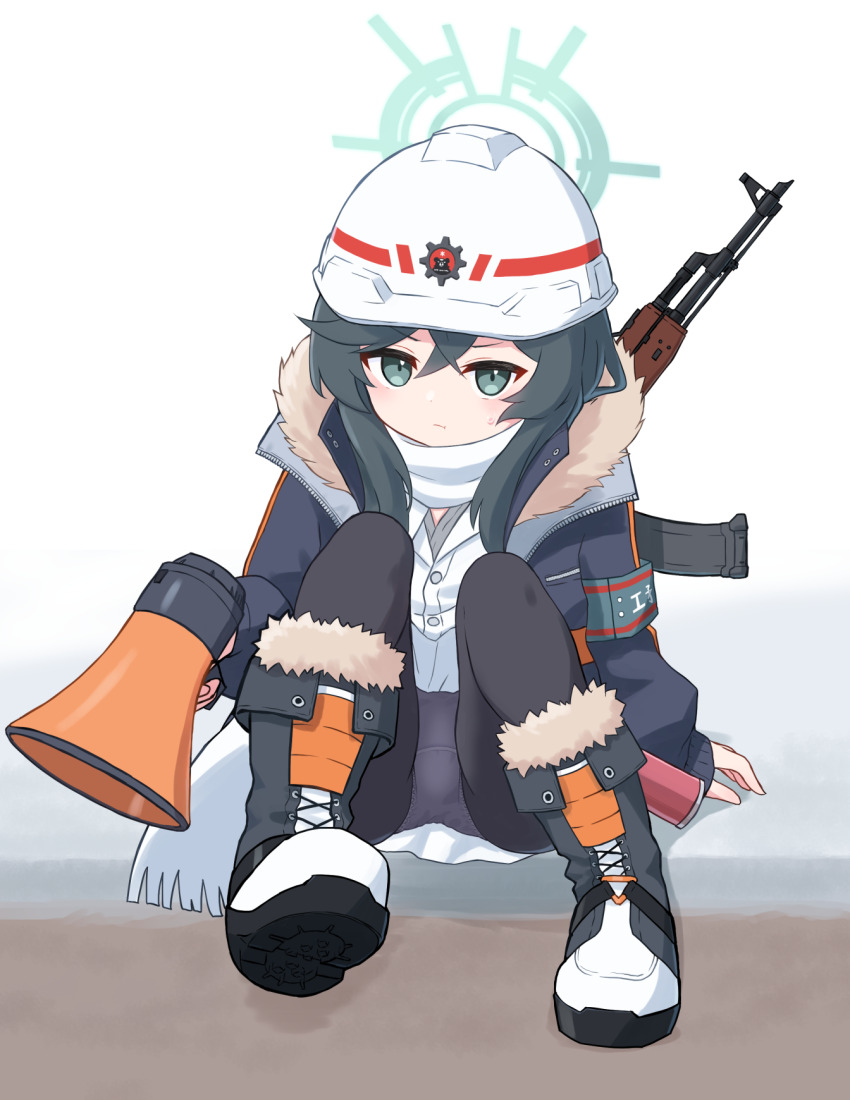 akm aqua_armband armband assault_rifle black_boots black_hair black_pantyhose blue_archive boots closed_mouth commentary_request full_body green_eyes grey_shirt gun hair_between_eyes halo hard_hat helmet highres holding holding_megaphone jacket kalashnikov_rifle long_hair long_sleeves looking_at_viewer megaphone minori_(blue_archive) on_floor open_clothes panties panties_under_pantyhose pantyhose paskmel red_winter_federal_academy_logo rifle scarf shirt simple_background skirt solo sweatdrop underwear weapon white_background white_helmet white_jacket white_panties white_scarf white_shirt