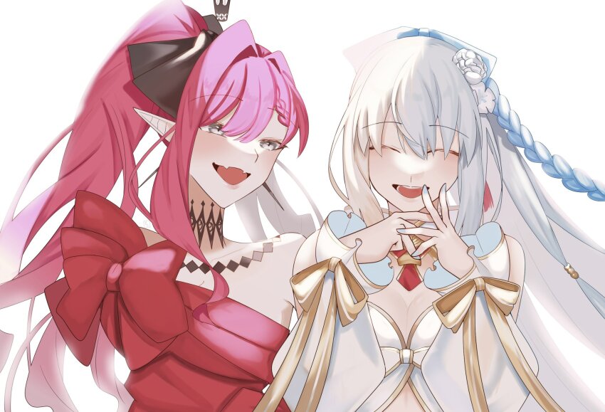 2girls baobhan_sith_(exhibition_attire)_(fate) baobhan_sith_(fate) baobhan_sith_(swimsuit_pretender)_(fate) baobhan_sith_(swimsuit_pretender)_(third_ascension)_(fate) bare_shoulders bikini blue_nails braid breasts cleavage closed_eyes crown detached_sleeves dress fate/grand_order fate_(series) flower gold_trim grey_eyes hair_flower hair_ornament hair_ribbon highres large_breasts long_hair mabotofu_maki morgan_le_fay_(fate) morgan_le_fay_(water_princess)_(fate) mother_and_daughter multiple_girls nail_polish pink_hair pointy_ears ponytail red_dress ribbon side_ponytail sidelocks single_braid single_sidelock smile swimsuit white_bikini white_hair