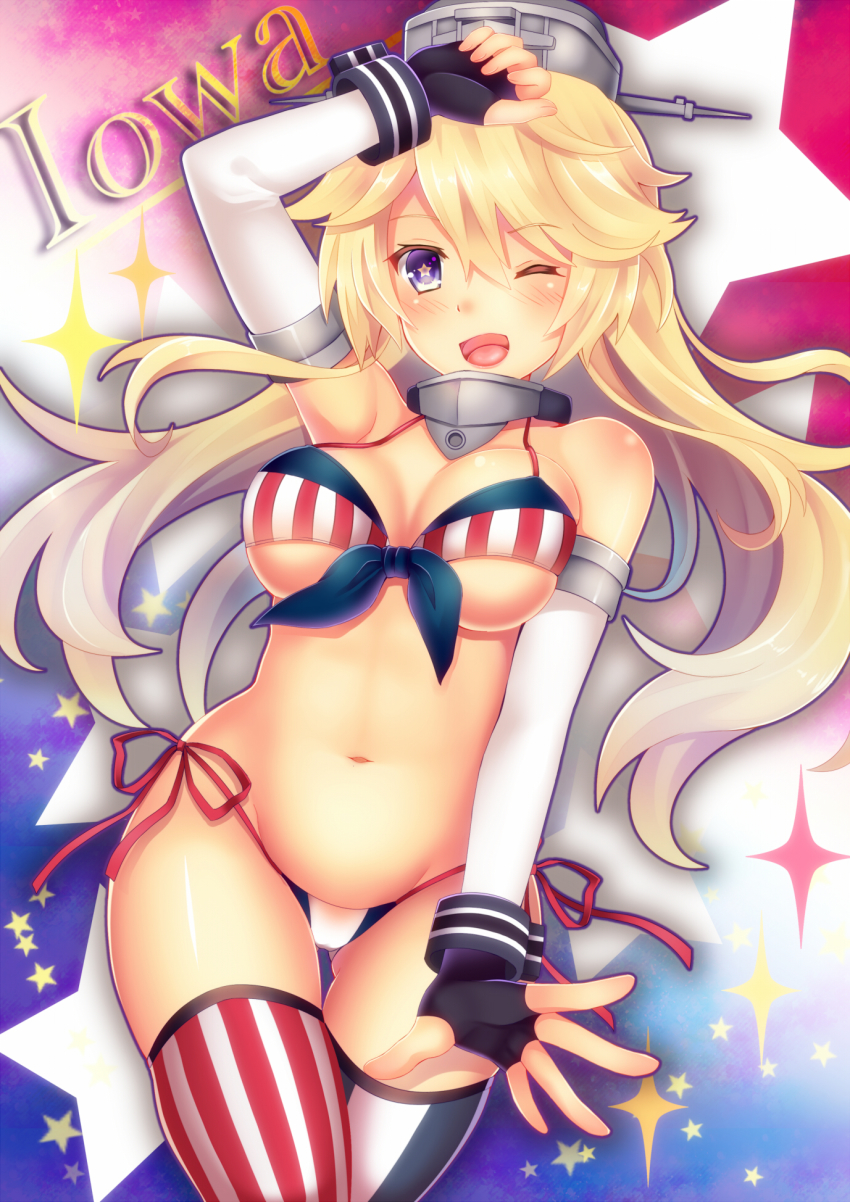10s 1girl american_flag american_flag_bikini american_flag_print bare_shoulders bikini blonde_hair blue_eyes blush breasts cleavage elbow_gloves female_focus fingerless_gloves flag_print front-tie_top gloves highres iowa_(kancolle) kantai_collection long_hair looking_at_viewer navel one_eye_closed open_mouth print_bikini shiny_skin side-tie_bikini_bottom skindentation solo star-shaped_pupils star_(symbol) suzu suzumia_(daydream) swimsuit symbol-shaped_pupils thigh_gap thighhighs