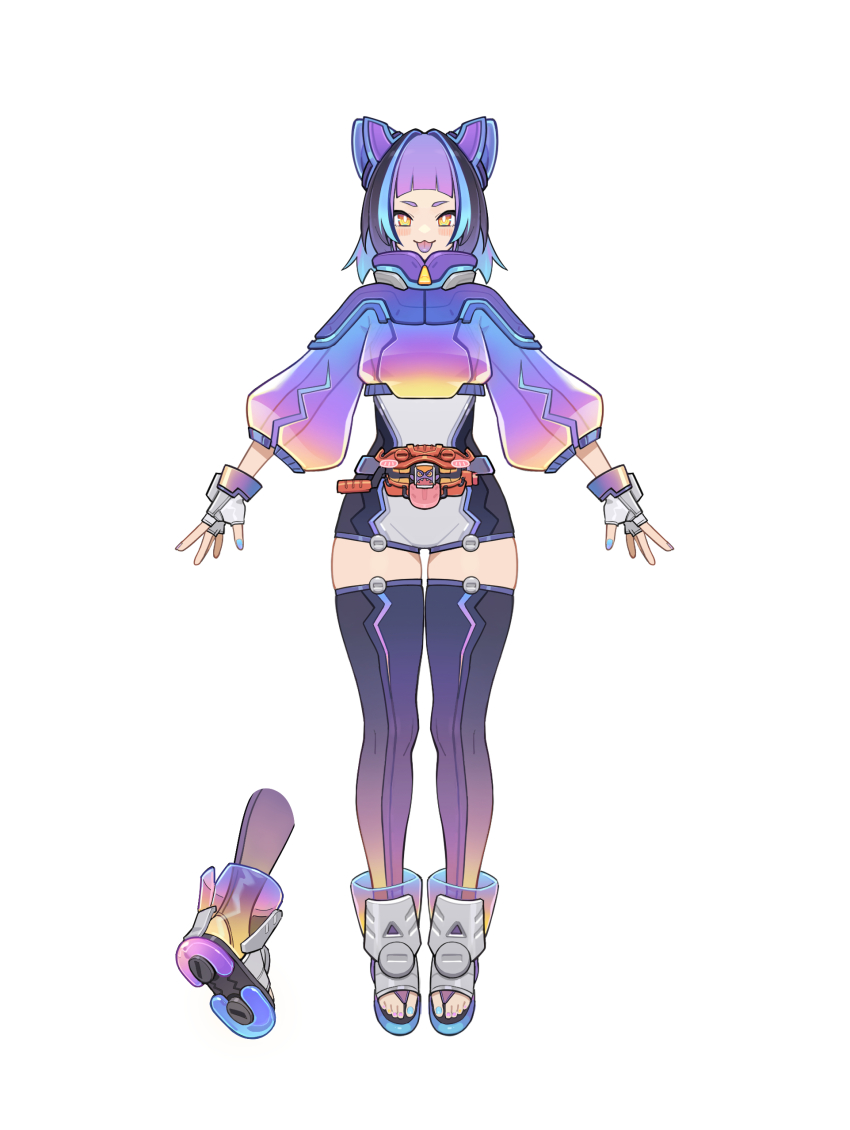 1girl absurdres adk-em bandai bandai_namco blue_hair blue_nails blunt_bangs fingerless_gloves full_body gloves gochizou goz-zz gummy_candy henshin_belt_gavv highres inline_skates ishimori_prod kamen_rider kamen_rider_gavv kamen_rider_gavv_(poppingummy_form) kamen_rider_gavv_(series) looking_at_viewer medium_hair multicolored_footwear multicolored_hair nail_polish open_hands personification poppin_gummy_gochizou purple_hair purple_thighhighs rider-tan rider_belt roller_skates see-through_clothes simple_background skates solo standing thighhighs toei_company tokusatsu tv_asahi twitter white_background white_gloves yellow_eyes