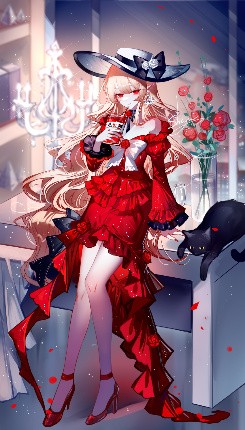1girl absurdres bare_legs bare_shoulders black_bow black_cat blood blood_bag bow cat dress flower hat hat_bow high_heels highres juliet_sleeves long_sleeves off-shoulder_dress off_shoulder original pointy_ears puffy_sleeves red_dress red_flower red_rose red_shoes rose sheya shoes solo white_bow white_hat wide_sleeves
