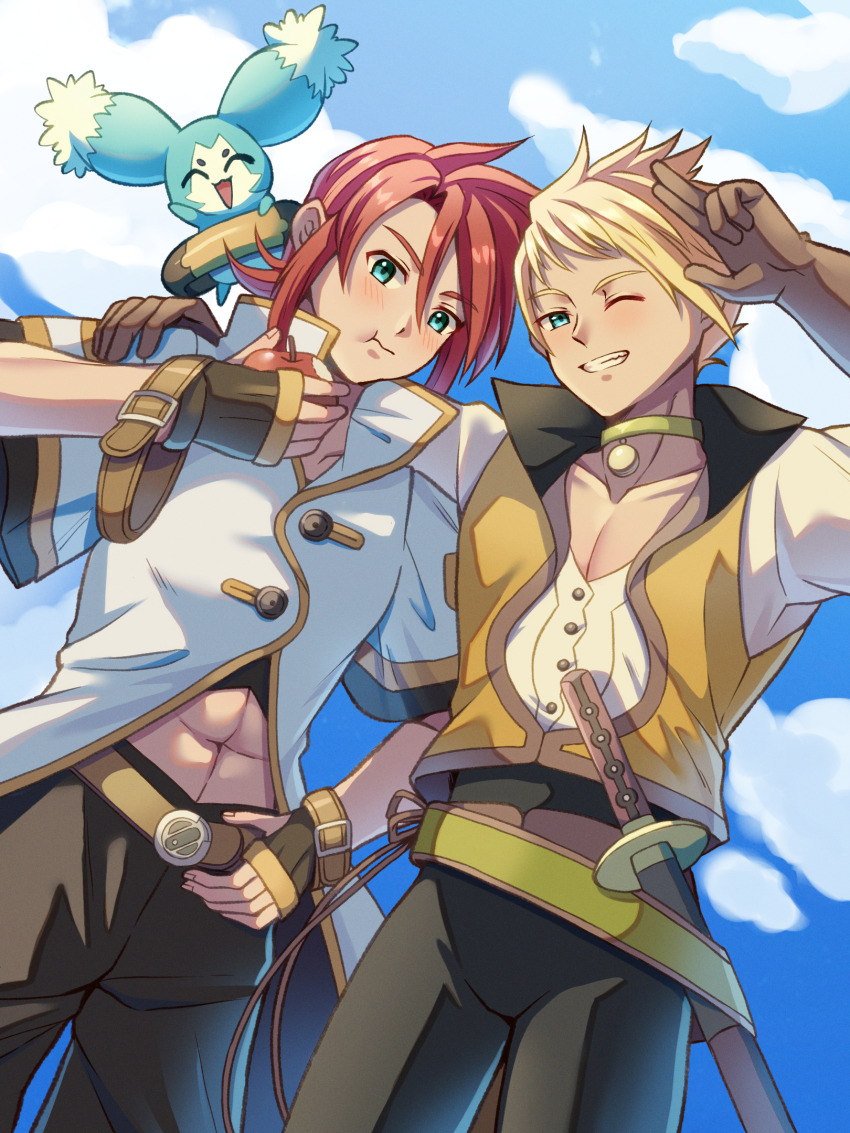 2boys :d ^_^ abs apple belt bitten_apple black_pants blonde_hair blue_eyes brown_gloves ch1emon_i chewing closed_eyes commentary_request food food_bite fruit gloves gold_trim guy_cecil highres holding holding_food holding_fruit jacket looking_at_viewer luke_fon_fabre male_focus medium_hair mieu_(tales) multiple_boys navel one_eye_closed open_mouth pants pectoral_cleavage pectorals red_hair salute sheath sheathed short_hair smile spiked_hair sword tales_of_(series) tales_of_the_abyss two-finger_salute weapon white_jacket yellow_collar