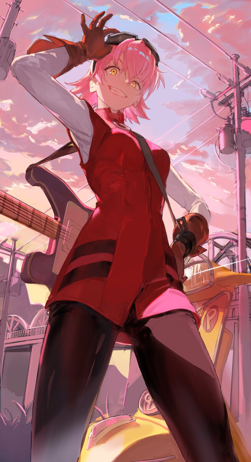 1girl absurdres black_pants blue_sky breasts clenched_teeth cloud cloudy_sky cowboy_shot flcl gloves goggles goggles_on_head gradient_sky guitar hand_on_own_hip haruhara_haruko hh_stime highres instrument jacket layered_sleeves long_sleeves motor_vehicle outdoors pants pink_hair red_gloves red_jacket scooter short_over_long_sleeves short_sleeves sky smile solo teeth utility_pole vespa yellow_eyes yellow_sky