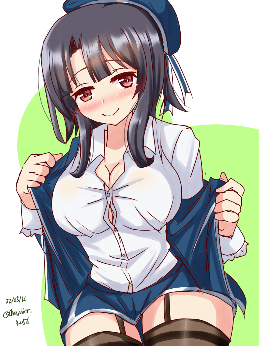 1girl alternate_eye_color beret black_hair black_thighhighs blouse blue_hat blue_jacket blue_skirt breasts brown_eyes cleavage dated garter_straps green_background hair_between_eyes hat highres jacket kantai_collection large_breasts looking_at_viewer military military_uniform miniskirt open_clothes open_jacket sawatani_(chevalier_04056) shirt short_hair short_hair_with_long_locks signature skirt smile solo takao_(kancolle) thighhighs twitter_username two-tone_background undressing white_background white_shirt