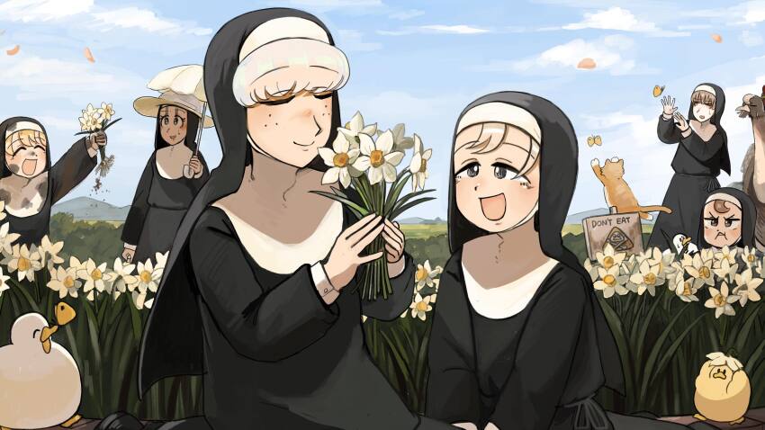 &gt;_&lt; 6+girls :d bird blonde_hair brown_eyes brown_hair bug butterfly cat chicken closed_eyes clumsy_nun_(diva) commentary daffodil dirty dirty_clothes diva_(hyxpk) duck duckling eating english_commentary eyelashes field flower flower_field freckles froggy_nun_(diva) grey_eyes grey_hair hat highres insect little_nuns_(diva) multiple_girls nun open_mouth ostrich sheep_nun_(diva) sign smile traditional_nun umbrella warning_sign white_hat white_umbrella