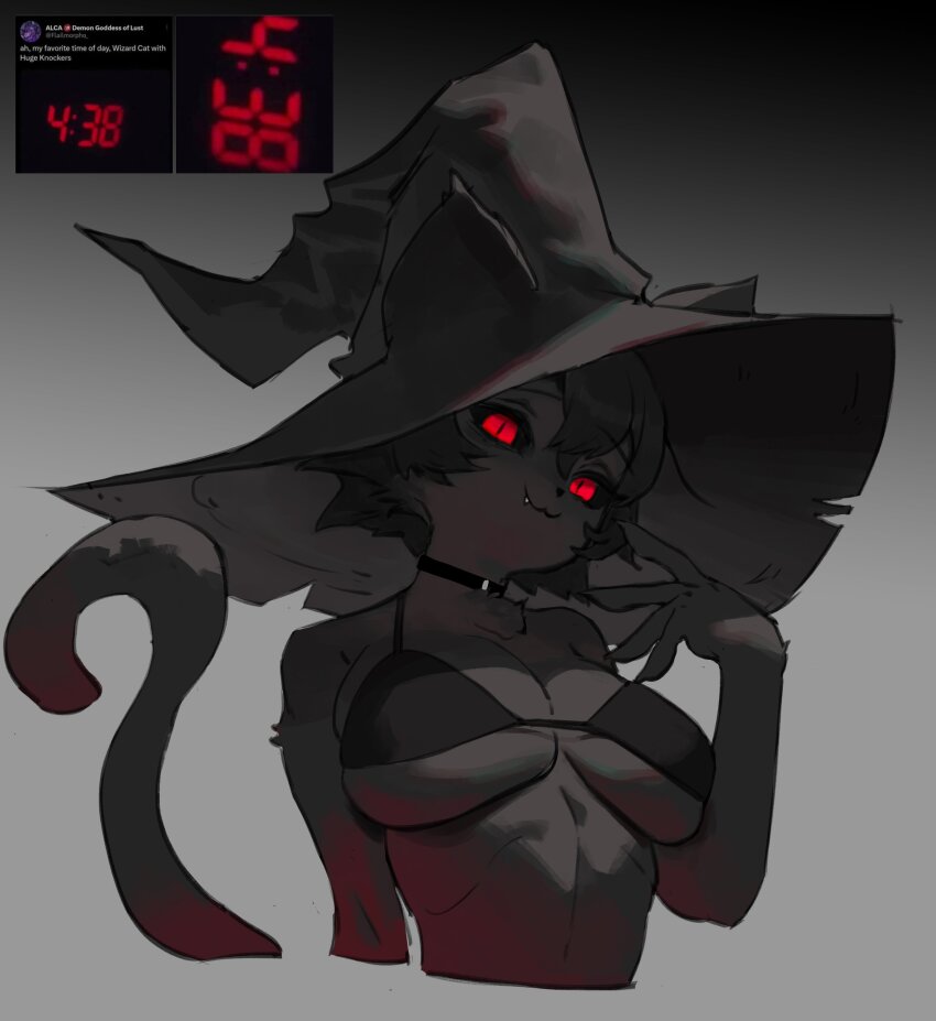 1girl absurdres bikini black_bikini black_choker black_hair breasts cat_girl cat_tail choker cleavage closed_mouth fang furry furry_female hat highres large_breasts looking_at_viewer original red_eyes reference_inset short_hair simple_background solo swimsuit tail upper_body witch_hat wonbin_lee