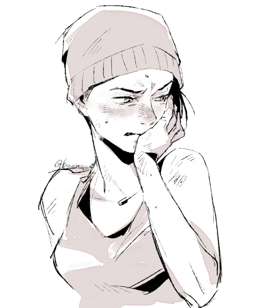 1girl asymmetrical_hair averting_eyes beanie blush breasts collarbone commentary cropped_torso dead_by_daylight dirty dirty_face dirty_hands ear_blush english_commentary facing_to_the_side furrowed_brow greyscale hand_on_own_face hat highres kawarayane medium_breasts monochrome nea_karlsson nose_blush parted_lips portrait short_hair shy simple_background solo sweat tank_top tumblr_username white_background