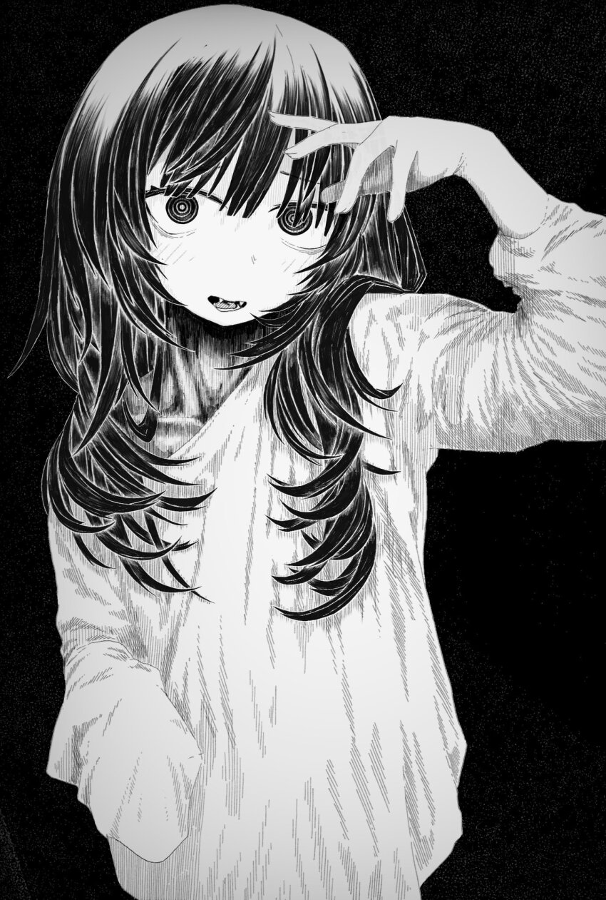 1girl bad_id bad_twitter_id bags_under_eyes black_background collarbone crosshatching fangs greyscale hatching_(texture) highres long_hair long_sleeves looking_at_viewer mclntyre01 monochrome open_mouth original ringed_eyes shirt simple_background single_bare_shoulder single_sleeve_past_fingers solo