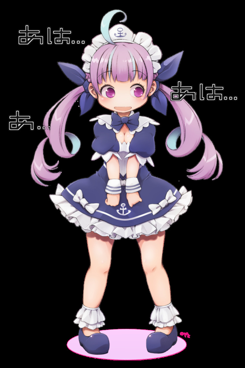 1girl ahoge anchor_symbol blue_bow blue_dress blue_hair blue_ribbon blue_shoes bow bowtie breasts cleavage colored_inner_hair deto dress female_focus frilled_dress frills full_body hair_ribbon highres hololive legs_apart long_hair looking_away looking_to_the_side maid_headdress minato_aqua minato_aqua_(1st_costume) multicolored_hair no_nose no_socks open_mouth pigeon-toed pink_eyes puffy_short_sleeves puffy_sleeves purple_hair ribbon shoes short_sleeves simple_background solo standing streaked_hair transparent_background twintails two-tone_hair virtual_youtuber white_background white_bow wrist_cuffs