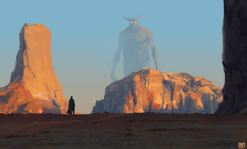 1boy absurdres artist_logo black_hair canyon cape dated day desert giant glowing glowing_eyes highres horns landscape logo miguel_iglesias original outdoors rock sand scenery short_hair sky standing wide_shot