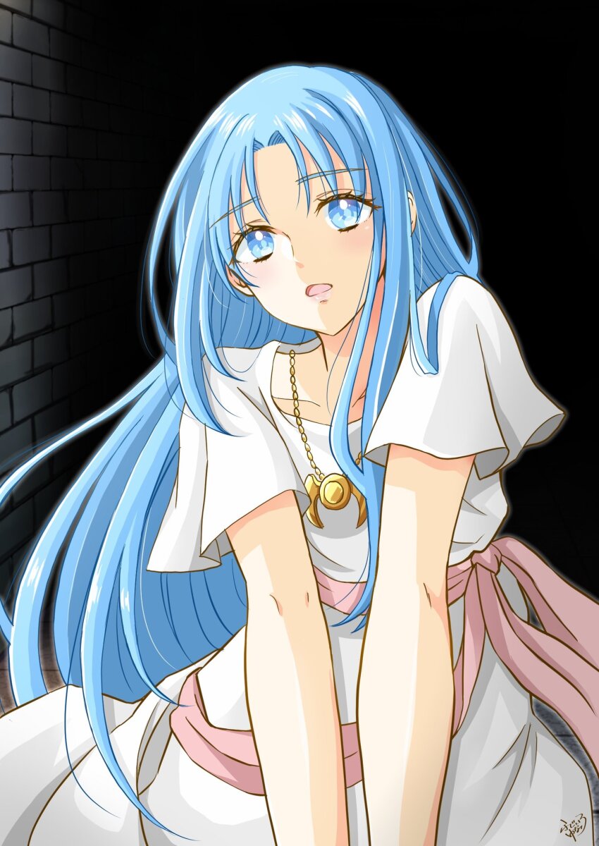 1girl 2crqkuljh27ehez ancient_ys_vanished blue_eyes blue_hair blush brick_wall collarbone commentary_request curtained_hair dress dungeon feena_(ys) gold_necklace highres jewelry long_hair looking_at_viewer necklace open_mouth pink_sash sash solo white_dress ys