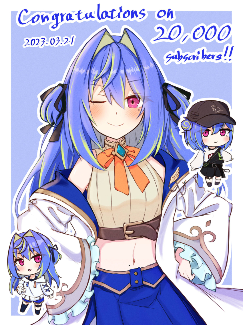 1girl alternate_costume baseball_cap belt black_belt black_footwear black_headwear black_ribbon black_shorts blue_brooch blue_hair blue_shorts blue_skirt blush bow bowtie breasts brown_belt brown_shirt buttons chest_belt chibi chibi_inset closed_mouth coat commentary_request cowboy_shot crop_top dated double_bun frilled_sleeves frills full_body green_hair hair_between_eyes hair_bun hair_intakes hair_ribbon hat highres hood hood_down hoodie long_bangs long_hair long_sleeves looking_at_viewer midriff milestone_celebration mole mole_under_eye multicolored_hair nanashi_inc. navel o-ring o-ring_thigh_strap official_alternate_costume one_eye_closed open_clothes open_coat open_mouth orange_bow orange_bowtie outline pink_eyes ribbon salmon231 shirt short_hair shorts single_strap skirt sleeveless small_breasts smile socks split_mouth striped_clothes striped_shirt suzumi_nemo suzumi_nemo_(1st_costume) suzumi_nemo_(2nd_costume) sweater thigh_strap two-tone_hair two_side_up vertical-striped_clothes vertical-striped_shirt virtual_youtuber white_coat white_hoodie white_outline white_socks white_sweater