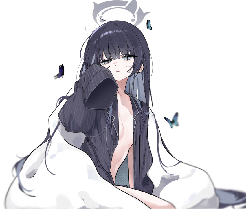 1girl black_hair black_pajamas black_shirt blanket blue_archive bug butterfly dandandanholo grey_eyes grey_halo hair_down halo insect kisaki_(blue_archive) long_hair open_clothes open_shirt pajamas parted_lips shirt simple_background solo white_background