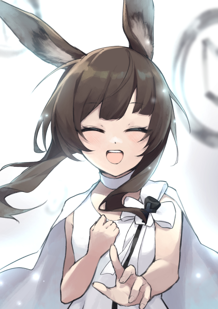 1girl :d ^_^ absurdres aged_down amiya_(arknights) amiya_(young)_(arknights) animal_ears arknights brown_hair cape choker closed_eyes commentary dress facing_viewer fingernails hand_on_own_chest happy highres light_particles medium_hair open_mouth reaching reaching_towards_viewer smile solo upper_body white_background white_cape white_choker white_dress xia_bao_(wulalala)