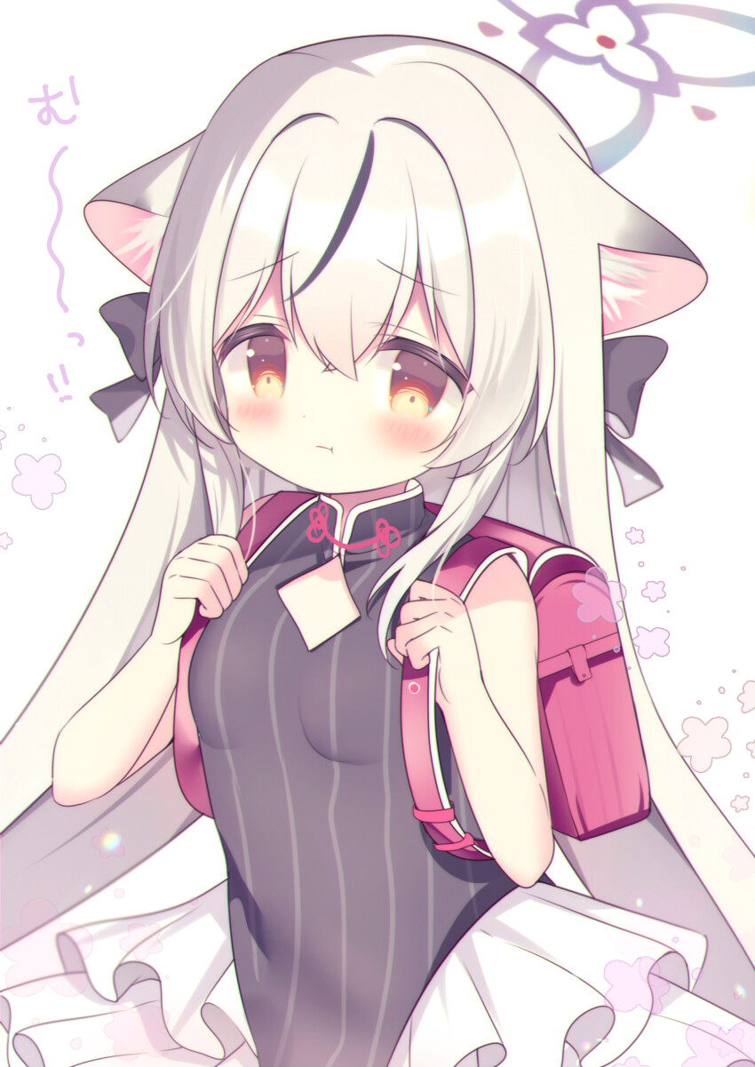 1girl :t absurdres animal_ear_fluff animal_ears azumi_kazuki backpack bag bare_arms bare_shoulders black_dress black_hair blue_archive blush breasts brown_eyes brown_hair closed_mouth commentary_request dress hair_between_eyes halo hands_up highres kokona_(blue_archive) layered_skirt long_hair multicolored_hair pleated_skirt pout randoseru skirt small_breasts solo streaked_hair striped_clothes striped_dress vertical-striped_clothes vertical-striped_dress very_long_hair white_background white_skirt