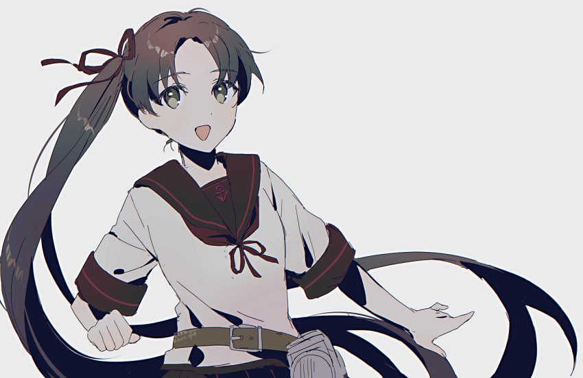1girl anchor_symbol ayanami_(kancolle) ayanami_kai_ni_(kancolle) black_hair black_sailor_collar brown_hair green_eyes grey_background hair_ribbon hane_(hane_0928) kantai_collection long_hair looking_at_viewer open_mouth ponytail ribbon sailor_collar school_uniform searchlight serafuku side_ponytail simple_background solo twitter_username very_long_hair
