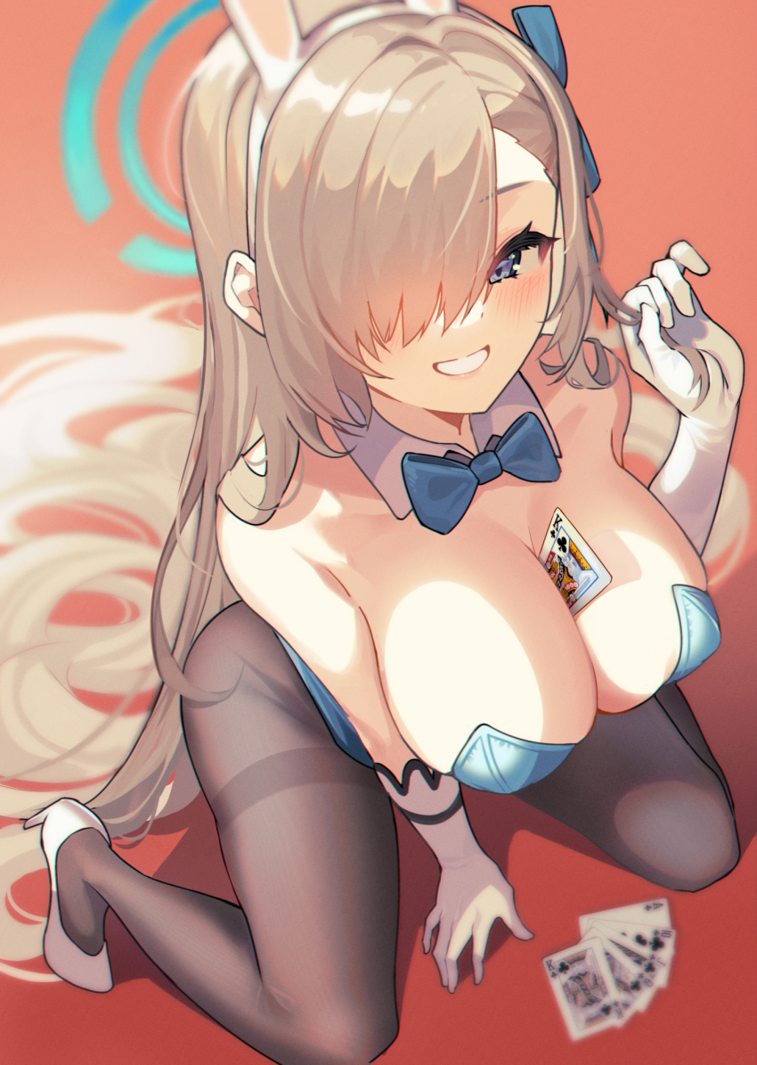 1girl animal_ears aqua_leotard asuna_(blue_archive) asuna_(bunny)_(blue_archive) bare_shoulders between_breasts black_pantyhose blue_archive blurry blush bow bowtie breasts collarbone commentary_request covered_erect_nipples curled_fingers detached_collar eyelashes fake_animal_ears forehead from_above gloves hair_over_one_eye halo high_heels highres king_(playing_card) king_of_clubs kneeling large_breasts leotard long_bangs long_hair looking_at_viewer no_bra nuo_nuomi_ci official_alternate_costume pantyhose playboy_bunny shadow smile solo spread_legs strapless strapless_leotard teeth very_long_hair white_footwear white_gloves ||/