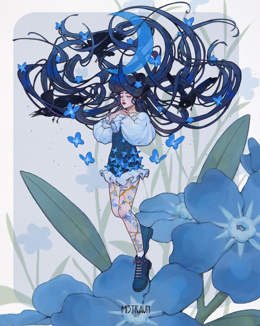 1girl absurdly_long_hair bird black_hair blue_boots blue_butterfly blue_dress blue_flower boots border bug butterfly butterfly_tattoo closed_eyes closed_mouth commentary cracked_skin crescent crow double_bun dress english_commentary floating floating_hair floral_background flower forget-me-not_(flower) frilled_dress frilled_shirt frills full_body grey_background hair_bun hair_floating_upwards hair_flower hair_ornament hands_on_own_chest highres insect leg_tattoo light_blush lipstick long_hair long_sleeves makeup mistravn original outside_border own_hands_together pinafore_dress puffy_long_sleeves puffy_sleeves red_lips shirt short_dress sleeveless sleeveless_dress socks solo tattoo very_long_hair white_border white_shirt white_socks