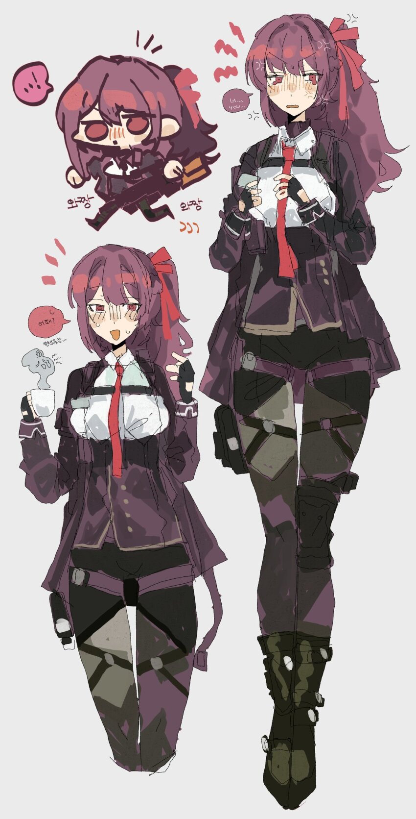 anger_vein black_gloves blush bullpup cup girls&#039;_frontline girls&#039;_frontline_2:_exilium gloves gun highres holding holding_cup jacket makiatto_(girls&#039;_frontline_2) necktie odmised red_eyes rifle shirt sniper_rifle wa2000_(girls&#039;_frontline) walther walther_wa_2000 weapon white_shirt
