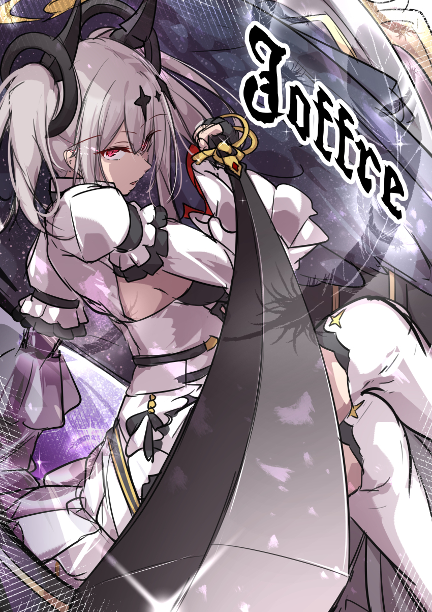 1girl absurdres azur_lane black_gloves character_name dress fingerless_gloves gloves highres holding holding_sword holding_weapon joffre_(azur_lane) long_sleeves medium_hair oriue_wato parted_lips red_eyes sketch solo sword thighhighs twintails weapon white_dress white_hair white_thighhighs