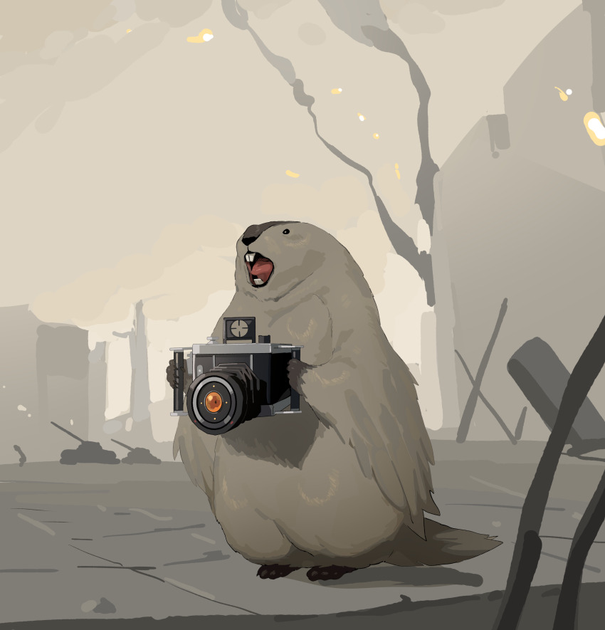absurdres beaver blurry blurry_background camera click_(reverse:1999) concrete fire highres holding holding_camera no_humans reverse:1999 smoke wreckage wwwww