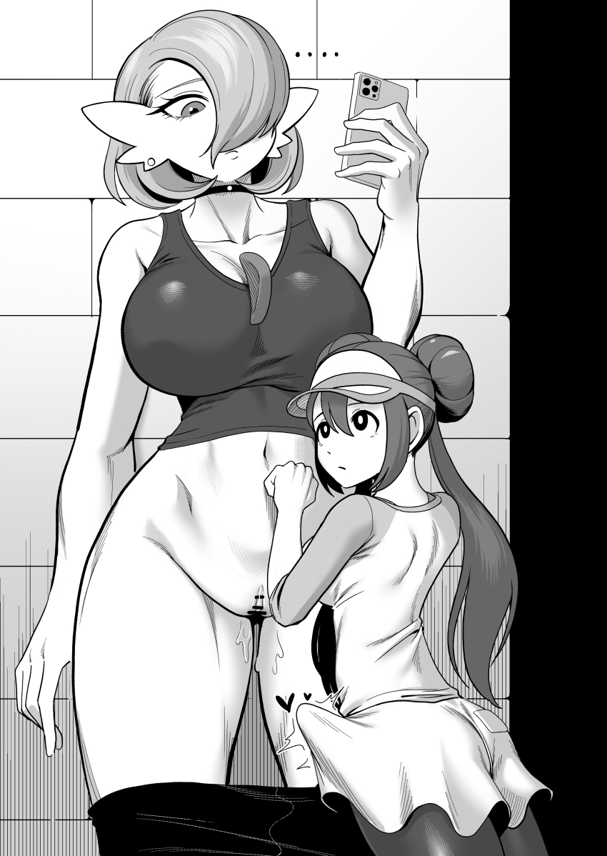 ... 1futa 1girl absurdres arm_at_side ass bar_censor bare_shoulders bob_cut breasts brick_wall bulge cellphone censored choker clitoral_hood closed_mouth collarbone cowboy_shot crop_top donut_hair_bun double_bun earrings erection erection_under_clothes eye_contact from_behind futa_with_female futanari gardevoir gen_3_pokemon hair_bun hair_over_one_eye hand_up heart highres holding holding_phone interspecies iphone jewelry large_breasts leggings leggings_pull looking_at_another looking_down looking_up mature_female navel nintendo one_eye_covered pantyhose pantyhose_under_shorts phone pokemon pokemon_(creature) pokemon_bw2 pussy pussy_juice raglan_sleeves rosa_(pokemon) shirt short_hair short_shorts shorts sidelocks sleeveless sleeveless_shirt small_breasts smartphone standing stomach stud_earrings tekkin_papa twintails visor_cap