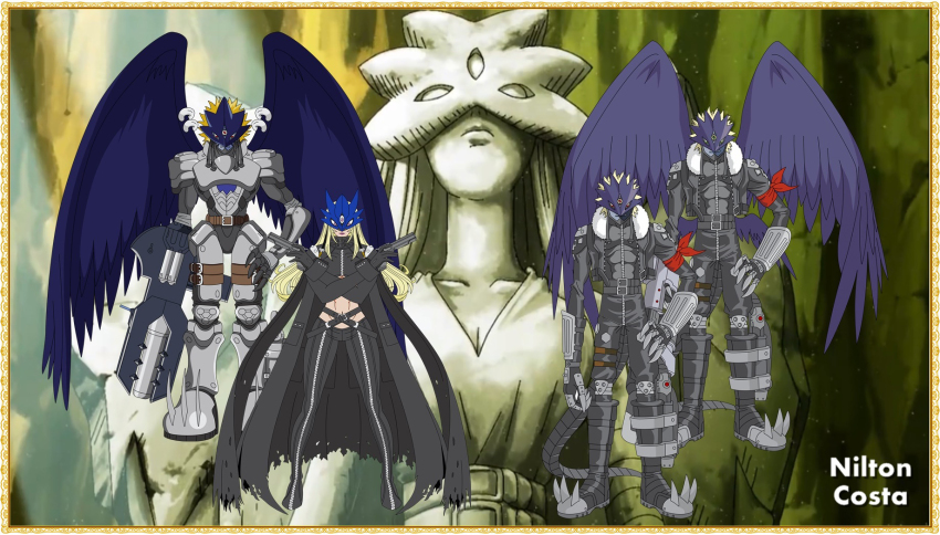 1girl 3boys beelstarmon beelzebumon beelzebumon_(digimon_xros_wars) beelzebumon_blast_mode belt breasts digimon digimon_(creature) goddess_(digimon_xros_wars) highres long_hair mask multiple_boys third_eye underboob