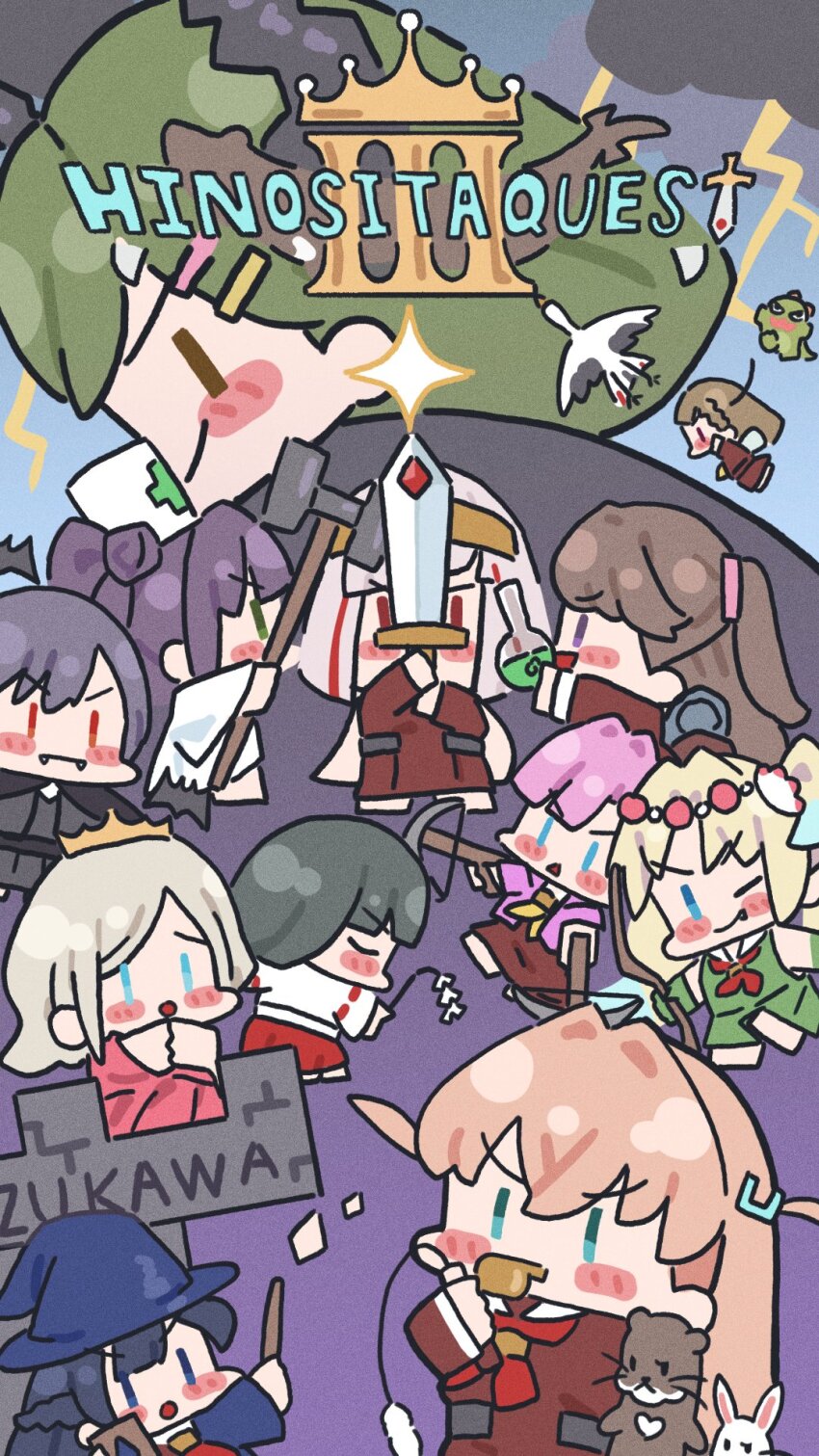 6+girls :&lt; :o ;) adapted_uniform anyoji_hime bird black_cloud black_hair blowing_whistle blue_eyes blue_hat blue_robe blush bow_(weapon) braid brown_hair ceras_yanagida_lilienfeld chibi chibi_only commentary crane_(animal) crossbow dragon_quest dress elf fairy fang fang_out fangs fangs_out fantasy flask fujishima_megumi gonzales_(love_live!) green_dress green_eyes green_hair grey_hair hair_bun hair_ornament hairclip hakama half_up_braid half_updo hammer hasu_no_sora_fantasy hasu_no_sora_school_uniform hat heart highres hinoshita_kaho holding holding_bow_(weapon) holding_crossbow holding_hammer holding_sword holding_wand holding_weapon holding_whistle jacket japanese_clothes kachimachi_kosuzu katsuragi_izumi kosode lightning link!_like!_love_live! logo_parody long_hair love_live! medium_dress miko momose_ginko multicolored_hair multiple_girls murano_sayaka neckerchief ogami_sachi one_eye_closed open_clothes open_jacket open_mouth osawa_rurino otomune_kozue otter otter_(hasu_no_sora) parallel_hairclips pink_dress pink_jacket pleated_dress pointy_ears princess profile purple_eyes purple_hair rabbit raised_inner_eyebrows red_eyes red_hair red_hakama red_neckerchief robe round-bottom_flask sailor_collar school_uniform short_hair side_ponytail single_side_bun sleeveless sleeveless_dress smile sparkle streaked_hair sunkeun sword triangle_mouth two-tone_hair two_side_up v-shaped_eyebrows vampire virtual_youtuber wand war_hammer weapon whistle white_sailor_collar winter_uniform witch_hat wizard yellow_neckerchief yugiri_tsuzuri |_|