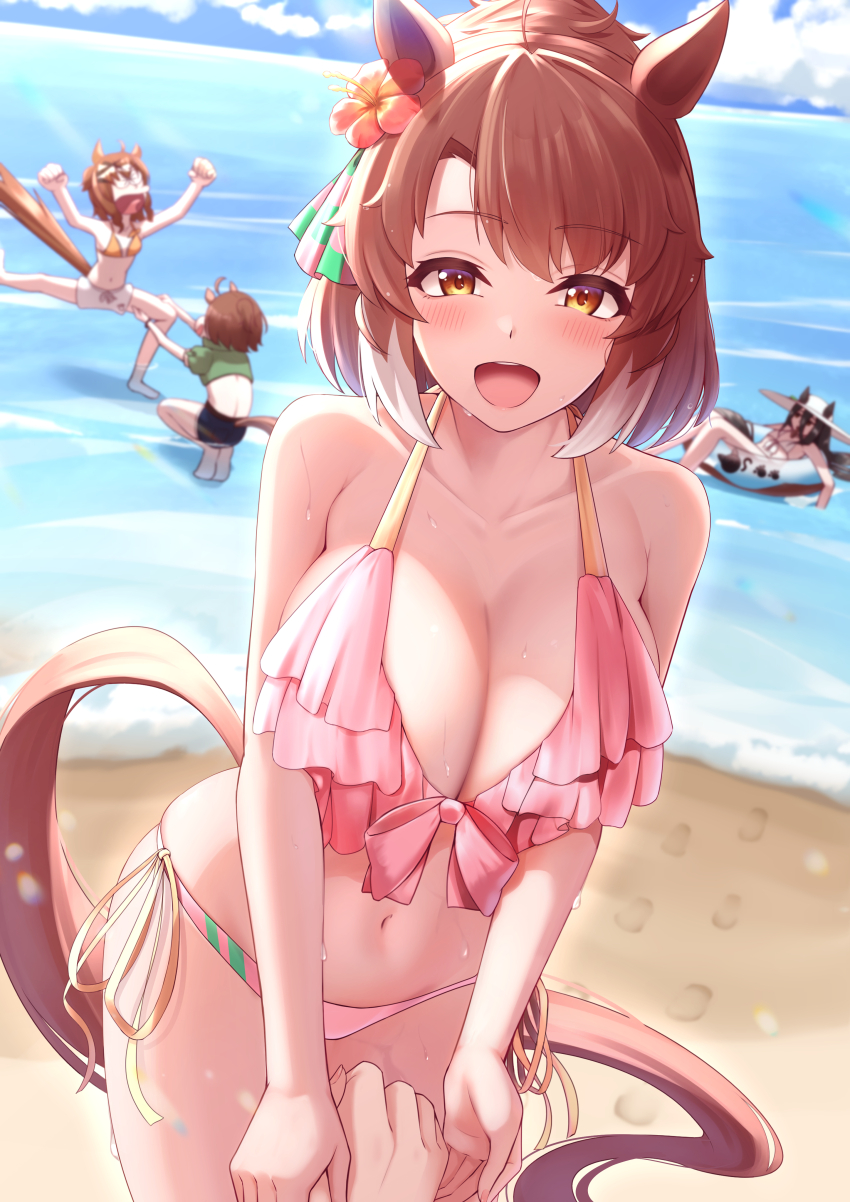 4girls :o absurdres agnes_tachyon_(lunatic_lab)_(umamusume) agnes_tachyon_(umamusume) alternate_costume animal_ears armpits arugou bikini blush breasts brown_eyes brown_hair commentary_request dantsu_flame_(umamusume) ear_covers highres horse_ears horse_girl horse_tail jam_(umamusume) jungle_pocket_(tobasuze_hot_summer!)_(umamusume) jungle_pocket_(umamusume) large_breasts manhattan_cafe_(the_bubbles_that_i_see_with_you)_(umamusume) manhattan_cafe_(umamusume) multicolored_hair multiple_girls navel outdoors pink_bikini short_hair sideboob standing stomach swimsuit tail thighs two-tone_hair umamusume underboob yellow_eyes