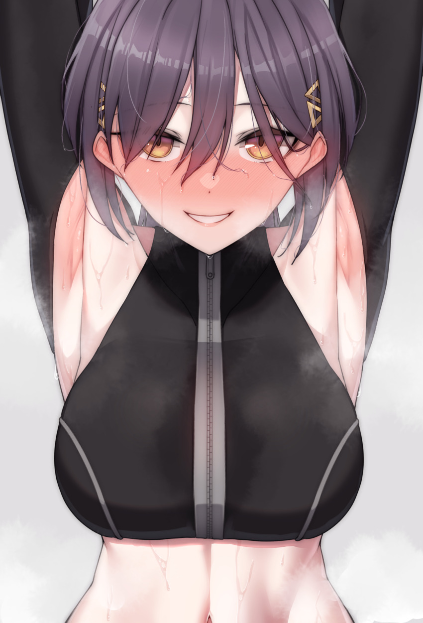 1girl armpits black_hair blush breasts hair_between_eyes highres katsuragi_izumi large_breasts link!_like!_love_live! looking_at_viewer love_live! nasuno_(nasuno42) navel presenting_armpit short_hair solo sweat upper_body