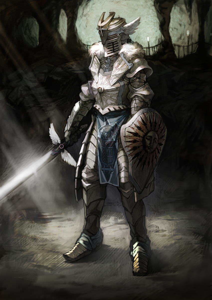 1boy armor bad_id bad_pixiv_id breastplate bridge cave cross full_armor full_body gauntlets greaves helmet highres knight light_rays male_focus original pauldrons shield shoulder_armor solo sun_symbol sunbeam sunlight sword takeyuki15 weapon winged_helmet