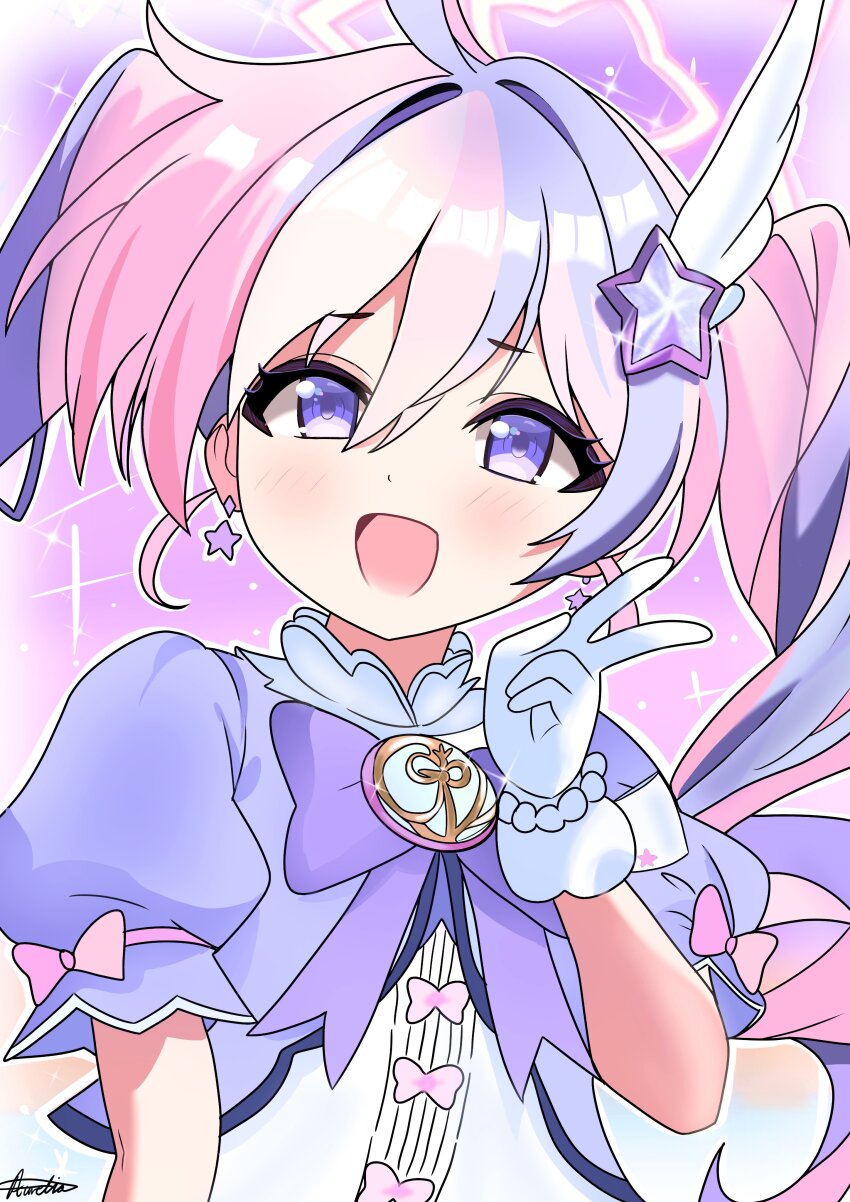 1girl :d absurdres ahoge aurelia88 blue_archive blue_dress blue_hair blush bow commentary dress drill_hair earrings english_commentary eyelashes gloves hair_between_eyes hair_intakes hair_ornament halo hand_up happy highres jewelry long_hair magical_girl multicolored_hair official_alternate_costume official_alternate_hairstyle open_mouth outline pink_background pink_bow pink_hair pink_halo puffy_short_sleeves puffy_sleeves purple_eyes reisa_(blue_archive) reisa_(magical)_(blue_archive) short_eyebrows short_sleeves signature simple_background sleeve_bow smile solo sparkle star_(symbol) star_earrings star_hair_ornament star_halo streaked_hair tareme twin_drills twintails two-tone_hair upper_body v very_long_hair white_gloves white_outline wing_hair_ornament