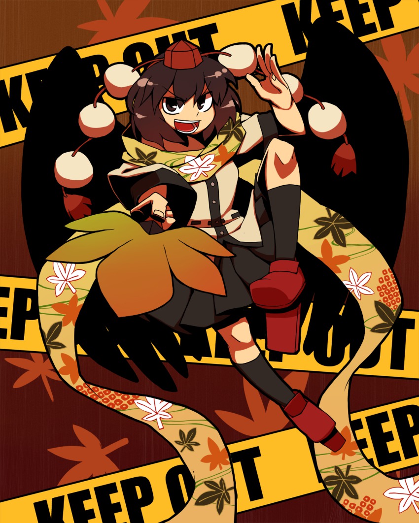 1girl bad_id bad_pixiv_id black_hair black_wings caution_tape hand_fan female_focus geta hat highres keep_out looking_at_viewer scarf shameimaru_aya short_hair skirt solo tengu-geta touhou wings yaza