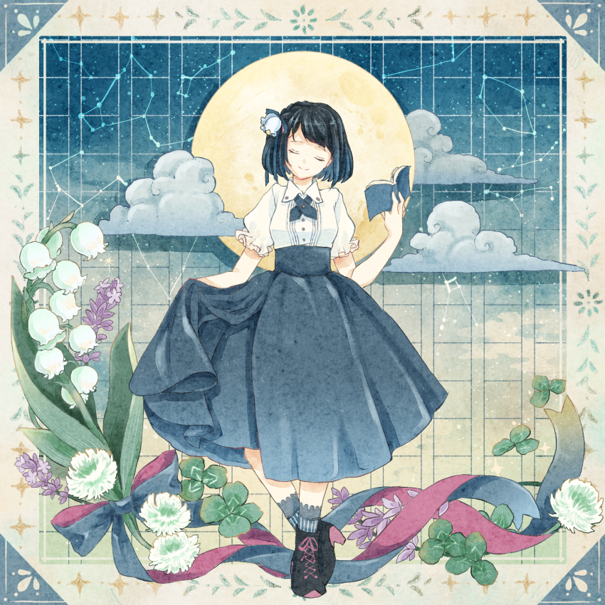 1girl black_boots black_hair blue_background blue_ribbon blue_socks bob_cut book boots border buttons cancer_(constellation) closed_eyes cloud clover clover_(flower) collared_shirt commentary_request constellation cross_tie crossed_ankles cygnus_(constellation) duplicate facing_viewer flower four-leaf_clover frilled_sleeves frills full_body full_moon gemini_(constellation) gradient_background hair_flower hair_ornament hair_ribbon head_tilt heel_up hercules_(constellation) high-waist_skirt highres holding holding_book lavender_(flower) lily_of_the_valley long_skirt mashiro_musashi meme_attire moon neck_ribbon open_book original puffy_short_sleeves puffy_sleeves purple_flower red_ribbon ribbon shirt short_hair short_sleeves skirt skirt_hold smile socks solo star_(sky) star_map striped_clothes striped_socks ursa_minor_(constellation) virgin_killer_outfit white_flower white_shirt yellow_background yellow_border