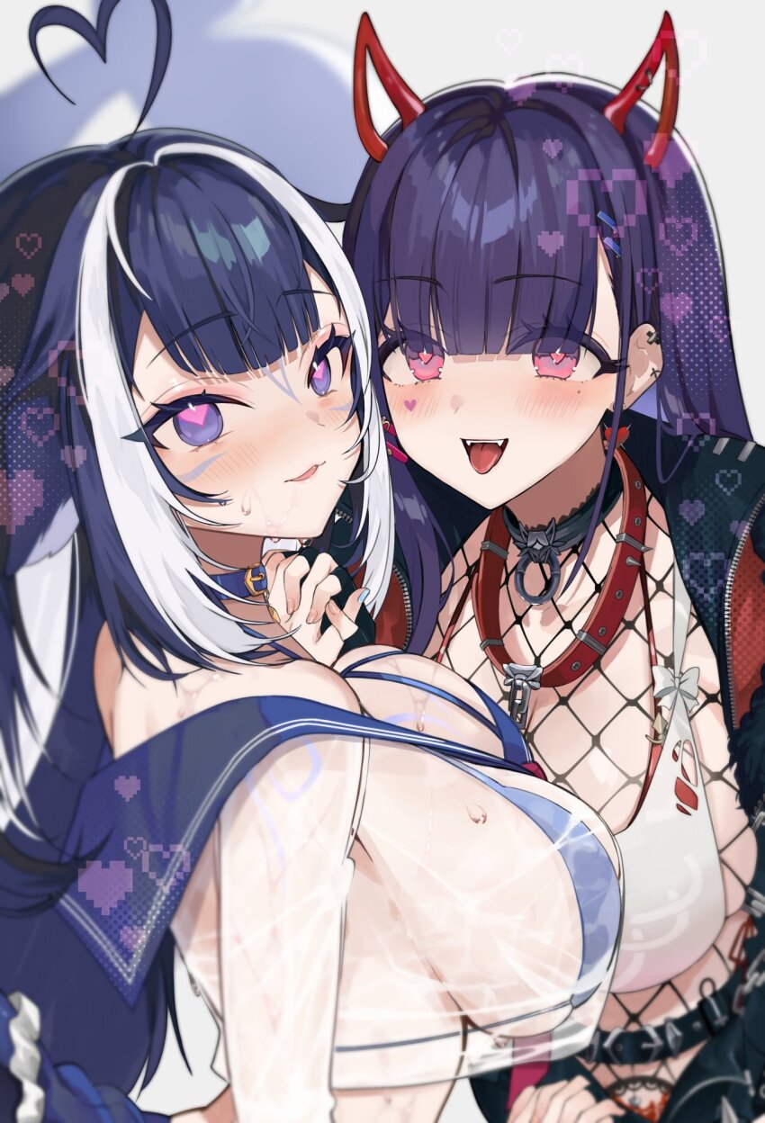 2girls ahoge akuma_nihmune akuma_nihmune_(demon_past) animal_collar animal_ears black_hair blue_sailor_collar blue_skirt body_markings breasts collar commentary crop_top ear_piercing eyelashes facial_mark fake_horns fangs fishnets heart heart_ahoge heart_facial_mark highres horns indie_virtual_youtuber large_breasts long_hair looking_at_viewer may_nakasaki mole mole_under_eye multiple_girls open_mouth piercing pink_eyes purple_eyes purple_hair red_collar sailor_collar see-through_clothes see-through_shirt shirt shylily shylily_(1st_costume) skirt symbol-only_commentary tongue virtual_youtuber wet wet_clothes wet_shirt white_hair