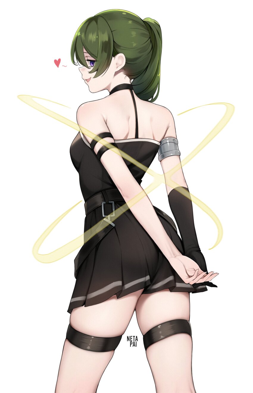 1girl absurdres arm_belt armlet arms_behind_back back bare_shoulders black_dress black_gloves breasts commentary dress elbow_gloves from_behind gloves green_hair heart highres jewelry magic medium_breasts netapai1 open_mouth pleated_dress purple_eyes side_ponytail simple_background single_glove sleeveless sleeveless_dress smile solo sousou_no_frieren thigh_strap thighs ubel_(sousou_no_frieren) upper_body white_background