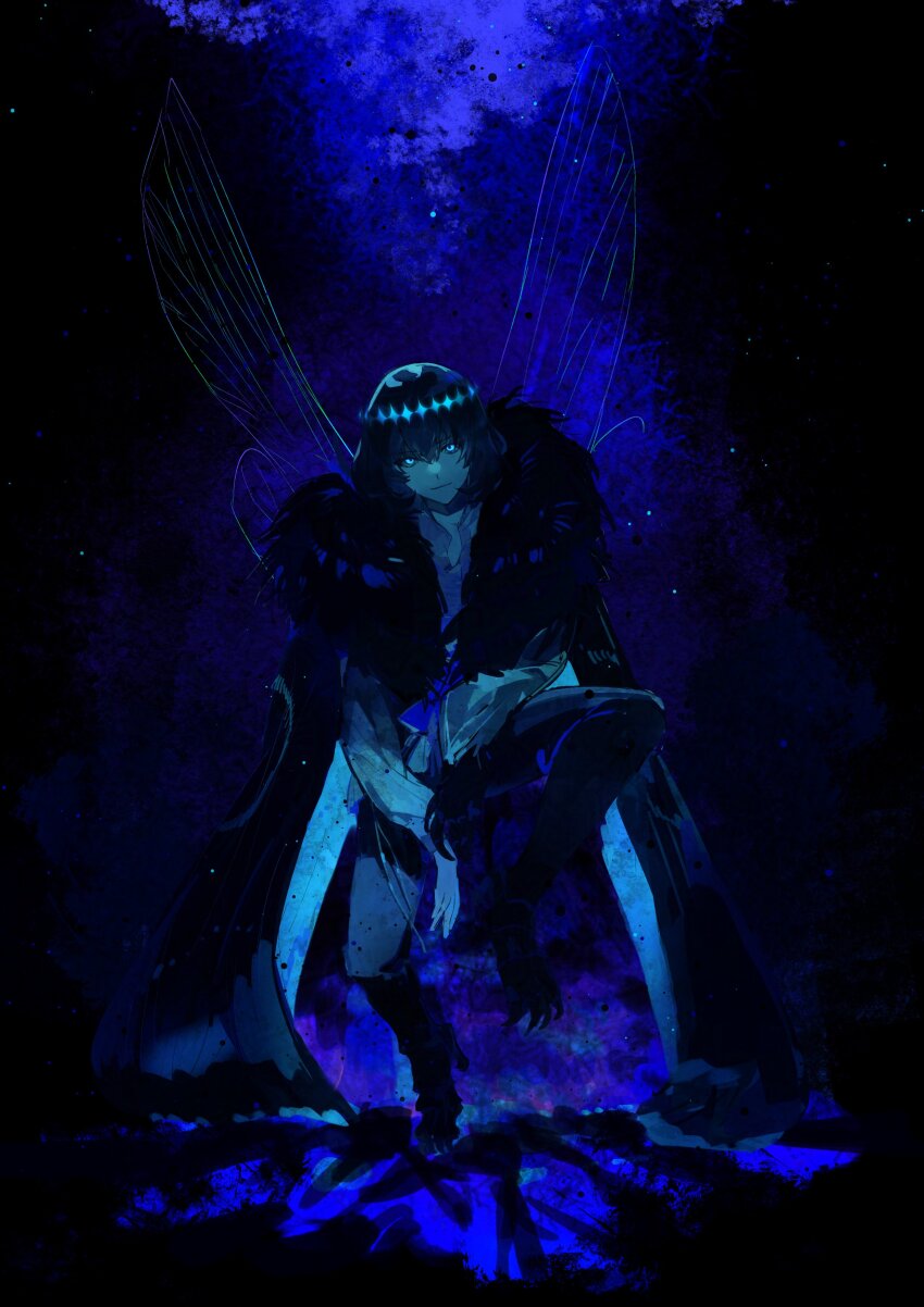 1boy absurdres arthropod_boy arthropod_limbs black_hair blue_background blue_eyes cape crown diamond_hairband dragonfly_wings fate/grand_order fate_(series) fui_(fui29493452) full_body fur-trimmed_cape fur_trim highres insect_wings looking_at_viewer male_focus medium_hair oberon_(fate) oberon_(third_ascension)_(fate) shirt sitting solo wings