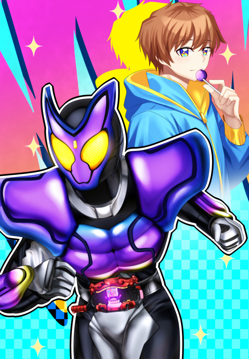 2024 20s absurdres adk-em armor bandai bandai_namco candy food gochizou gummy_candy henshin_belt_gavv highres inoue_shouma ishimori_prod kamen_rider kamen_rider_gavv kamen_rider_gavv_(series) lever lollipop pixiv poppin_gummy_gochizou reiei_8 rider_belt running shouma_(kamen_rider_gavv) shouma_stomach sparkle sweater toei_company tokusatsu tv_asahi