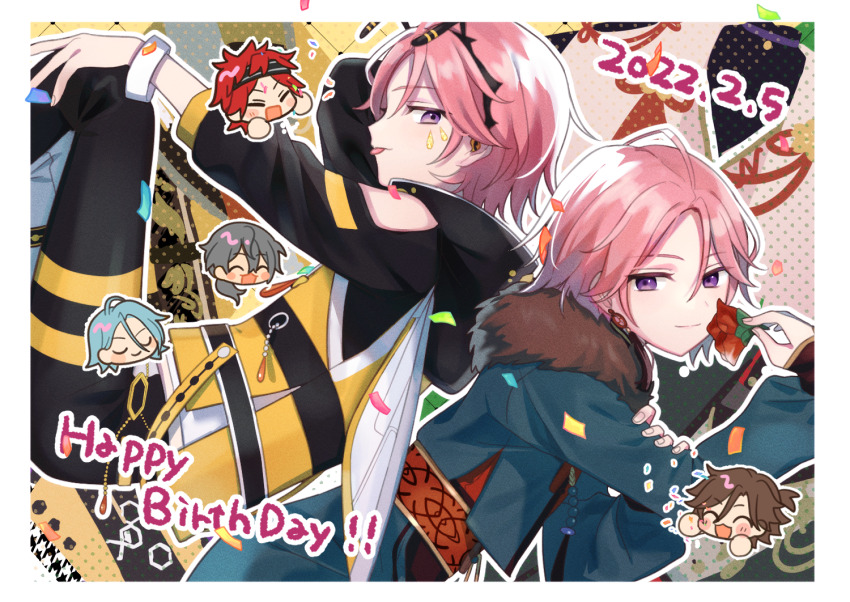 5boys amagi_rinne blue_jacket border closed_mouth clothing_cutout confetti ensemble_stars! flower fur-trimmed_jacket fur_trim hand_on_own_knee happy_birthday himeru_(ensemble_stars!) holding holding_flower jacket long_legs looking_at_viewer looking_back mikejima_madara multiple_boys multiple_views official_alternate_costume oukawa_kohaku pink_hair purple_eyes shiina_niki shisokonbu shoulder_cutout smile tongue white_border