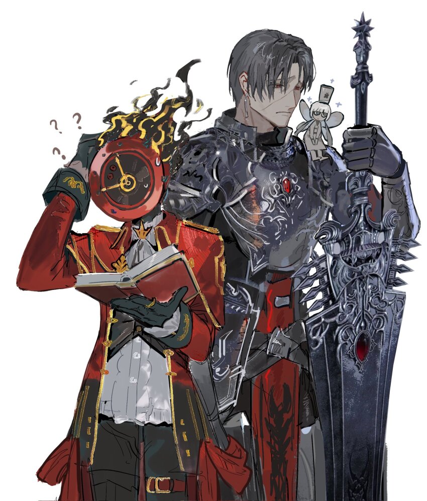 1boy 1girl 1other ? armor black_gloves black_hair book breastplate charon_(project_moon) clock cowboy_shot dante_(limbus_company) fairy faulds flaming_head full_armor gloves highres holding holding_book holding_sword holding_weapon hoyapaint huge_weapon jacket limbus_company long_sleeves object_head open_book pauldrons project_moon red_eyes red_jacket shirt short_hair shoulder_armor simple_background sword vambraces vergilius_(project_moon) weapon white_background white_shirt