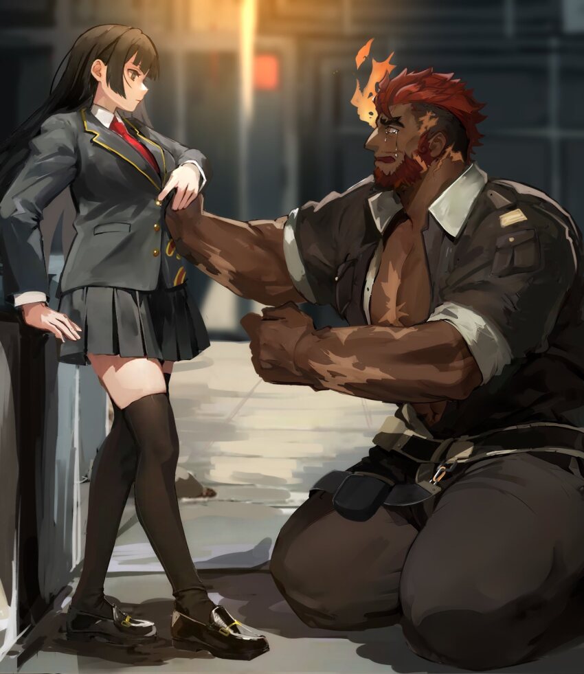 1boy 1girl bara beard black_footwear black_hair black_jumpsuit black_thighhighs blunt_bangs collared_shirt commentary crying crying_with_eyes_open dark-skinned_male dark_skin facial_hair flaming_eye full_beard full_body hephaestus_(housamo) highres jumpsuit large_pectorals loafers long_hair looking_at_another muscular muscular_male necktie open_clothes open_mouth pectoral_cleavage pectorals pleated_skirt protagonist_2_(housamo) red_hair red_necktie scar scar_on_arm scar_on_chest scar_on_face school_uniform shirt shoes short_hair sidelocks size_difference skirt tass_commuovere tears thick_eyebrows thighhighs tokyo_houkago_summoners white_shirt zettai_ryouiki