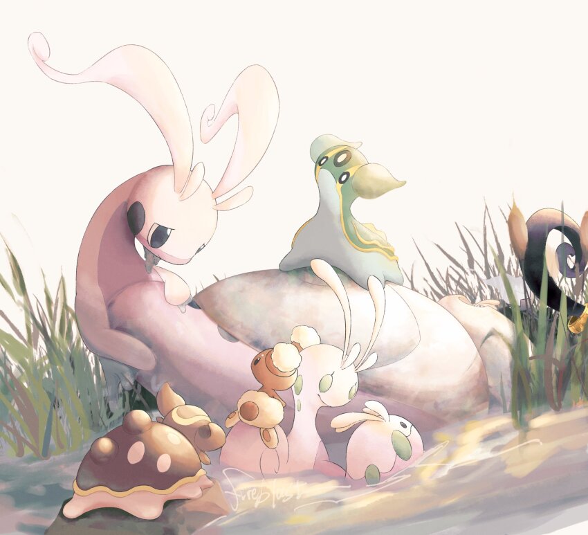 animal_focus antennae black_eyes blue_eyes brown_fur buneary closed_mouth colored_skin creatures_(company) fireblast game_freak gastrodon gastrodon_(east) gastrodon_(west) gen_4_pokemon gen_6_pokemon goomy grass green_eyes highres hisuian_goodra hisuian_sliggoo nintendo no_humans pokemon pokemon_(creature) purple_skin simple_background slug solid_oval_eyes white_background